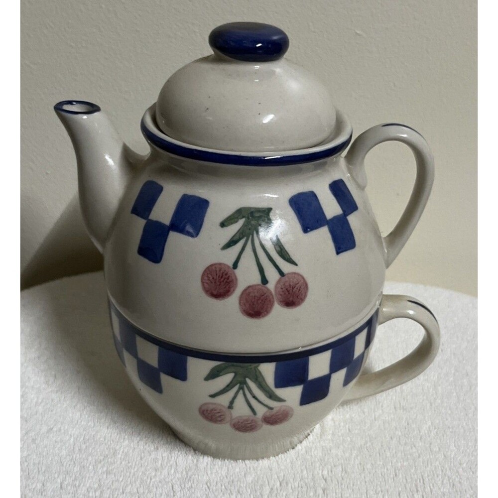 Vintage Stacking Cherries One-Person Teapot Cup Set White Cottagecore Stoneware